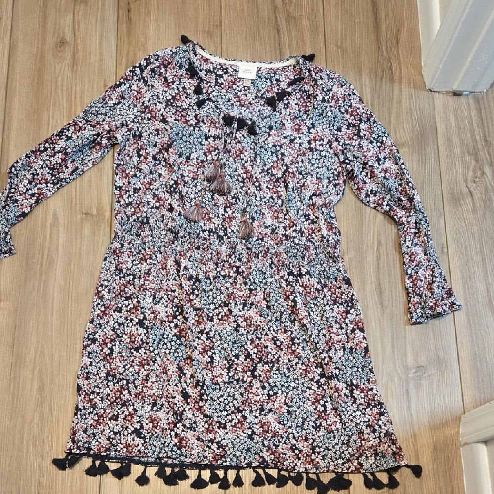 Knox Rose Navy Floral Tassel-Hem Long Sleeve Dress